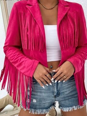 SHEIN Small Barbie Hot Pink Stylish Solid Color Fringe Decor Jacket Top Holiday